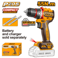 INGCO TALADRO ATORNILLADOR A BATERÍA 20V P20S BRUSHLESS 55NM + 2 PUNTAS S/BAT, S/CARG_CDLI205581