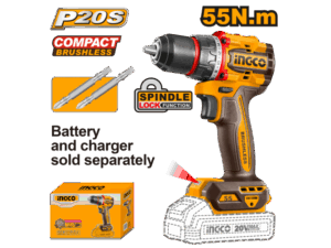 INGCO TALADRO ATORNILLADOR A BATERÍA 20V P20S BRUSHLESS 55NM + 2 PUNTAS S/BAT, S/CARG_CDLI205581